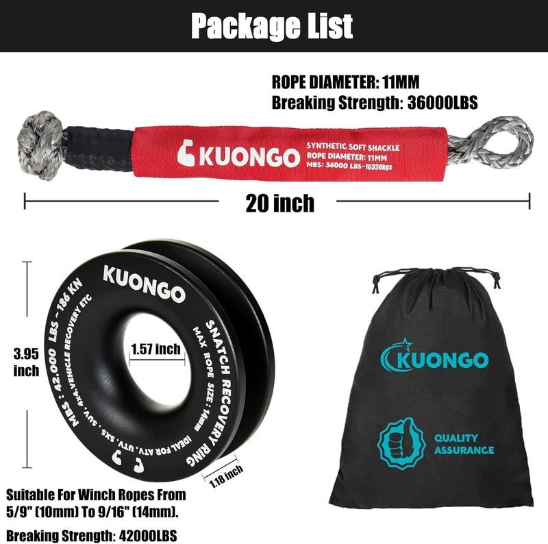 KUONGO Soft Shackle Recovery 7/16"x20" Snatch Ring, Synthetic Soft Shackle Recovery Rope 36000lbs Breaking Strength Winch Snatch Block Towing Ring 42000lbs, for Truck ATV UTV SUVs Off-Road Vehicel Black Red - Image 3